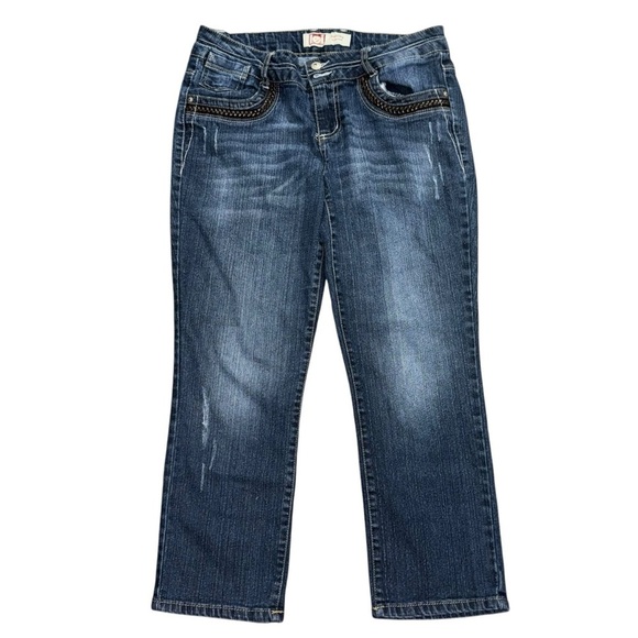 L.E.I. Women's 9 Regular Ashley Lowrise Distressed Leather Braided Pocket Jeans - Picture 2 of 10